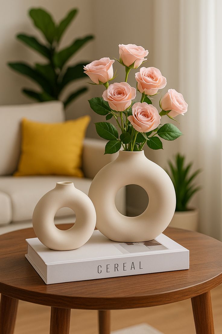 Decorative vases with pink roses on a table in a living room setting