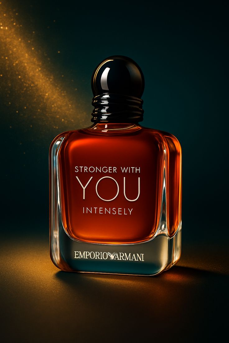 Emporio Armani perfume bottle with 'Stronger with You Intensely' text on a dark background