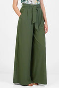 Green wide-leg pants with a tie waist on a white background