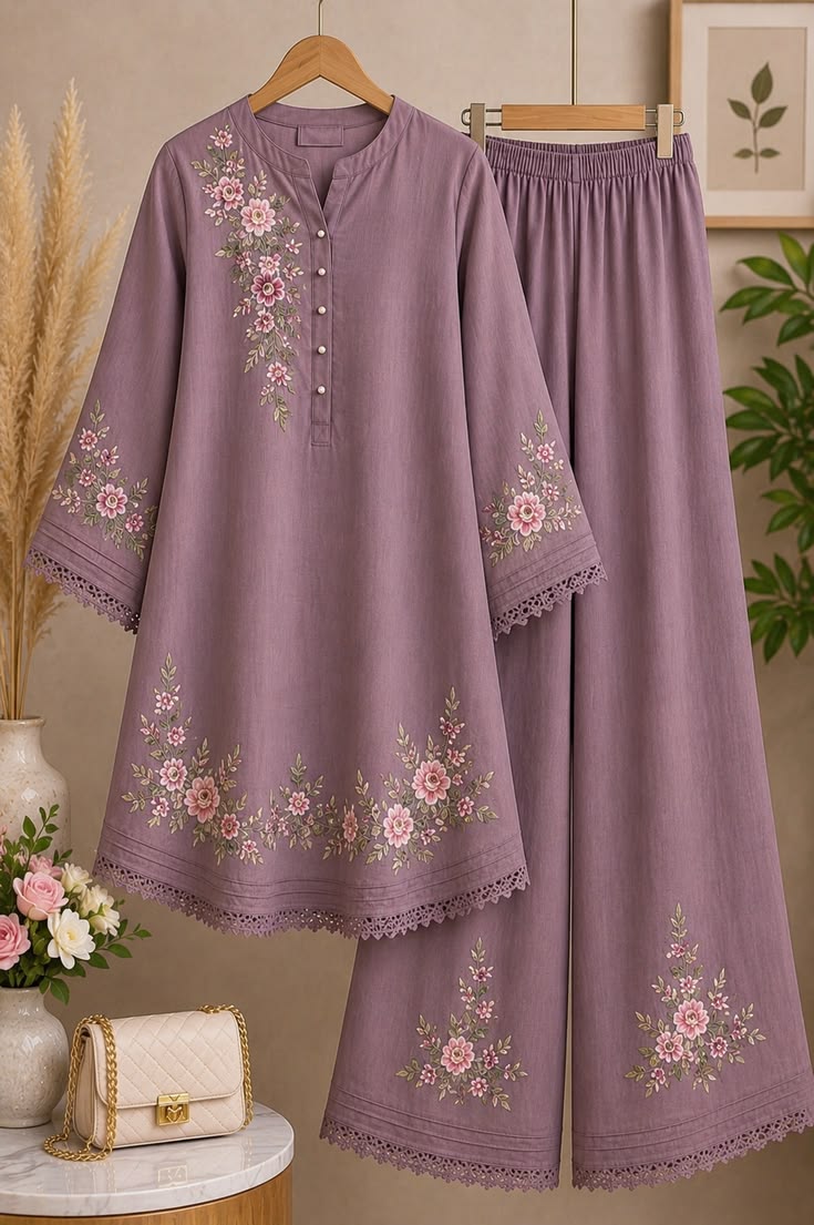 Purple embroidered outfit with matching pants on a hanger against a neutral background.