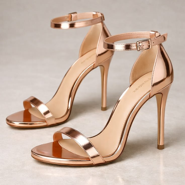 Rose gold high-heeled sandals on a neutral background