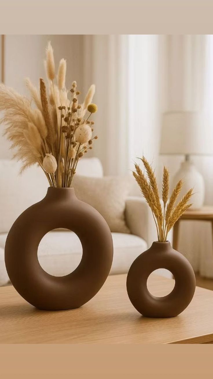 Two brown circular vases with dried plants on a wooden table in a living room setting.