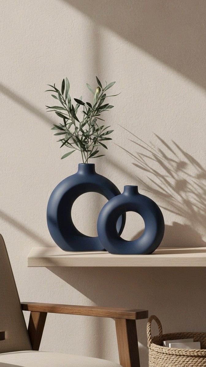 Two navy blue vases with circular designs on a white shelf against a beige wall.